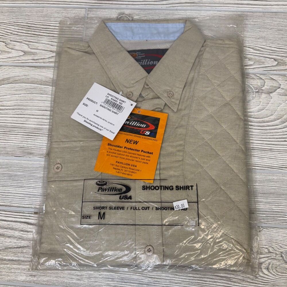 PAVILION USA Shooting Shirt SS Button Front Tan Men's Medium Padded Shoulder LH